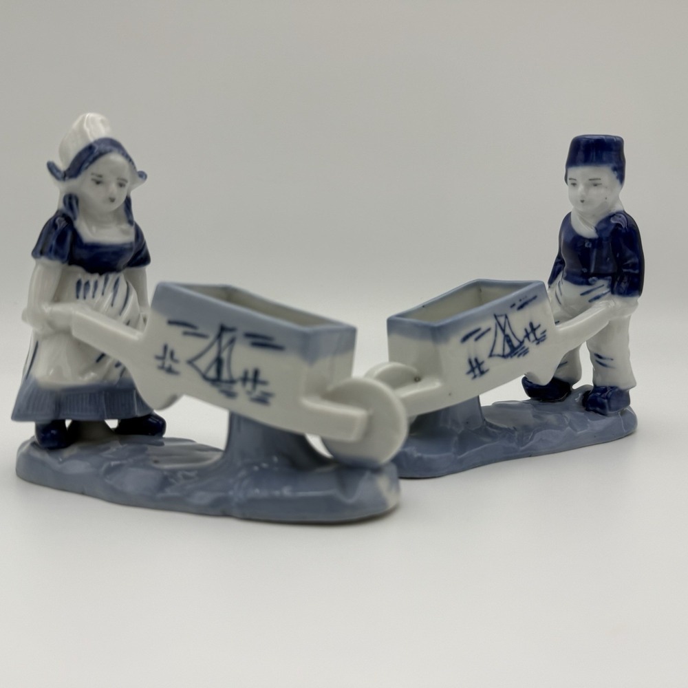 Vintage Planter Porcelain Dutch Boy‎ Figurine Wheelbarrow Delft Blue White Japan